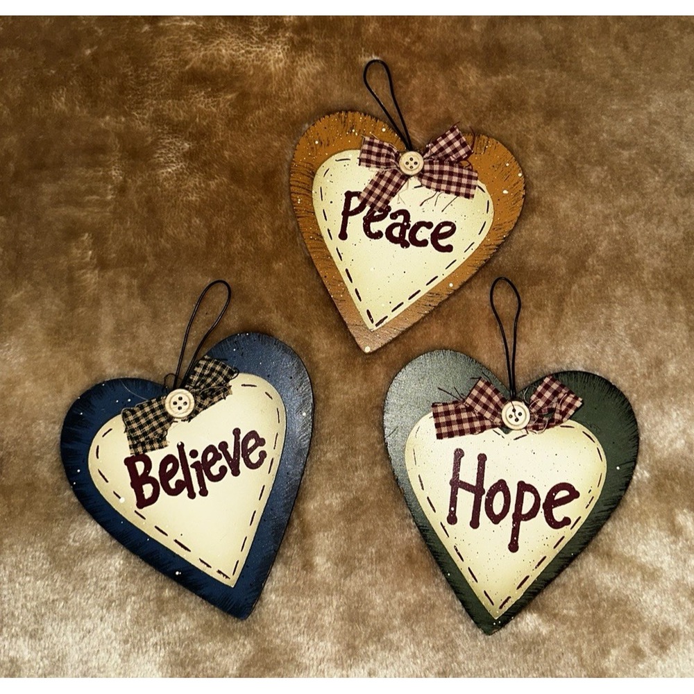 Primitives By Kathy 3 Heart Decor Wood Rustic Shabby Chic Peace Hope Believe